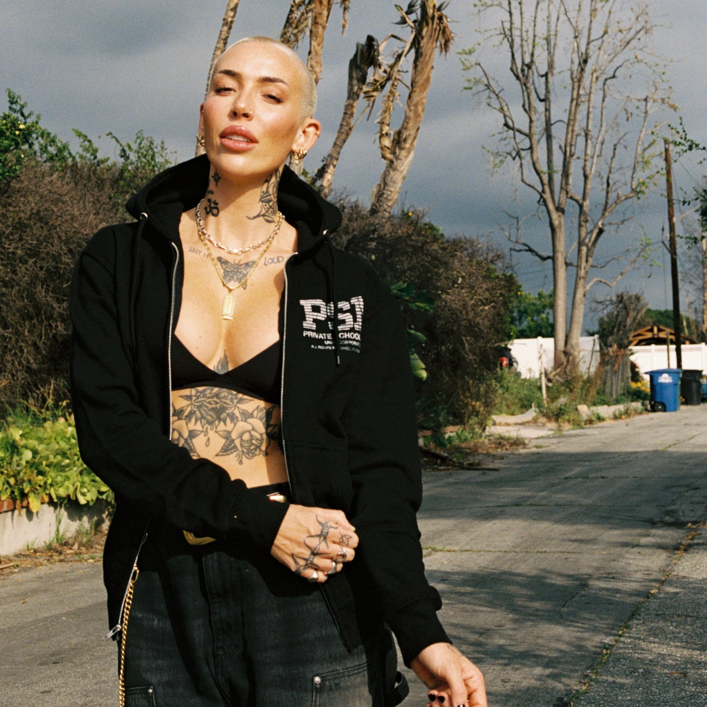 Person with tattoos, wearing a black zip hoodie, standing on a road with trees and a cloudy sky in the background